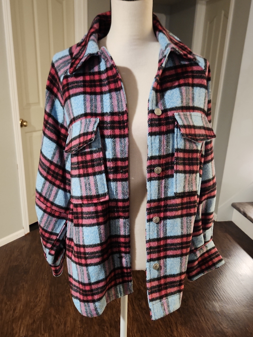 NWOT GeeGee Blue, Pink, Red Plaid Button Up Shacket